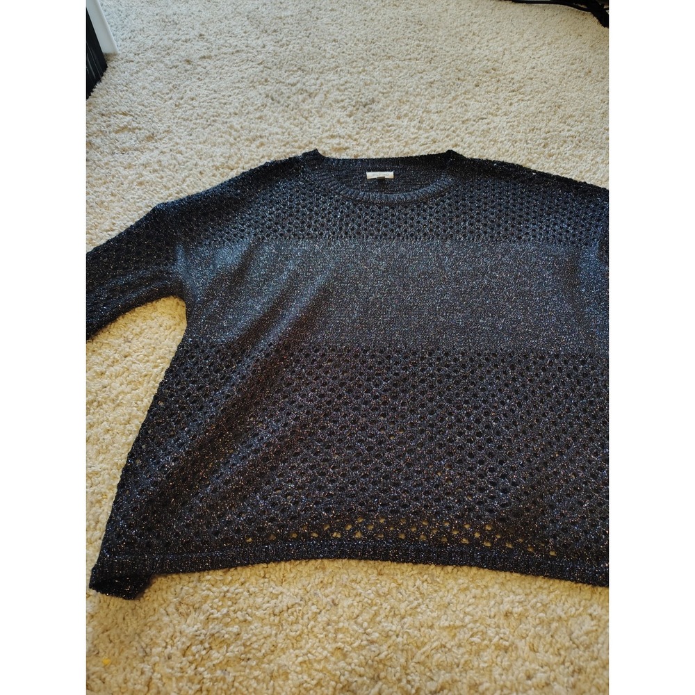 Pilcro Anthropologie Metallic Open Knit Sweater Black Shimmer Crewneck Women's L